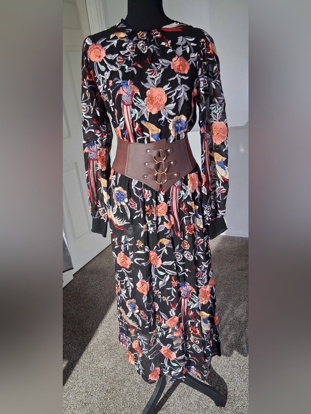 Zara Black Floral Midi Dress with Orange and Blue Accents - Picture 3 of 16